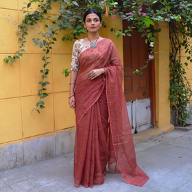 Red Nazaakat Kota Doria Cotton Plain Saree with Blouse & Jewellery Set, draped and worn by a woman, AI visual of the saree, iTokri