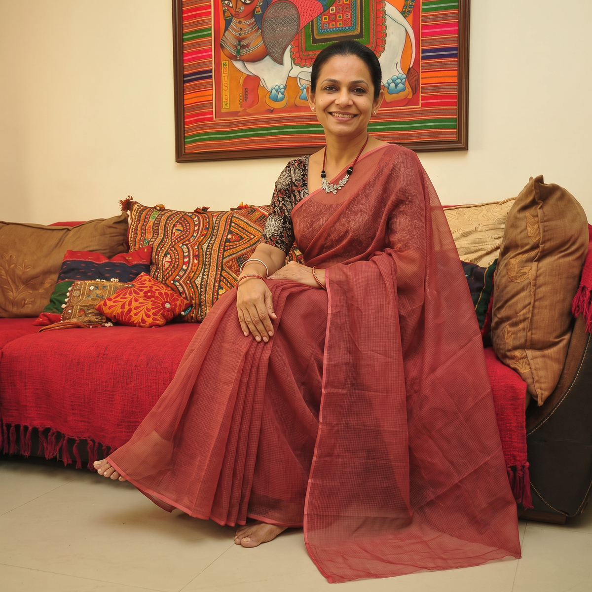 Red Nazaakat Kota Doria Cotton Plain Saree with Blouse & Jewellery Set, draped and worn by a woman, AI visual of the saree, iTokri