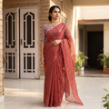 Red Nazaakat Kota Doria Cotton Plain Saree with Blouse & Jewellery Set, draped and worn by a woman, AI visual of the saree, iTokri