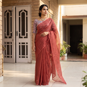 Red Nazaakat Kota Doria Cotton Plain Saree with Blouse & Jewellery Set, draped and worn by a woman, AI visual of the saree, iTokri