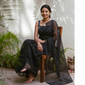 Black Nazaakat Kota Doria Cotton Plain Saree with Blouse & Jewellery Set, draped and worn by a woman, AI visual of the saree, iTokri