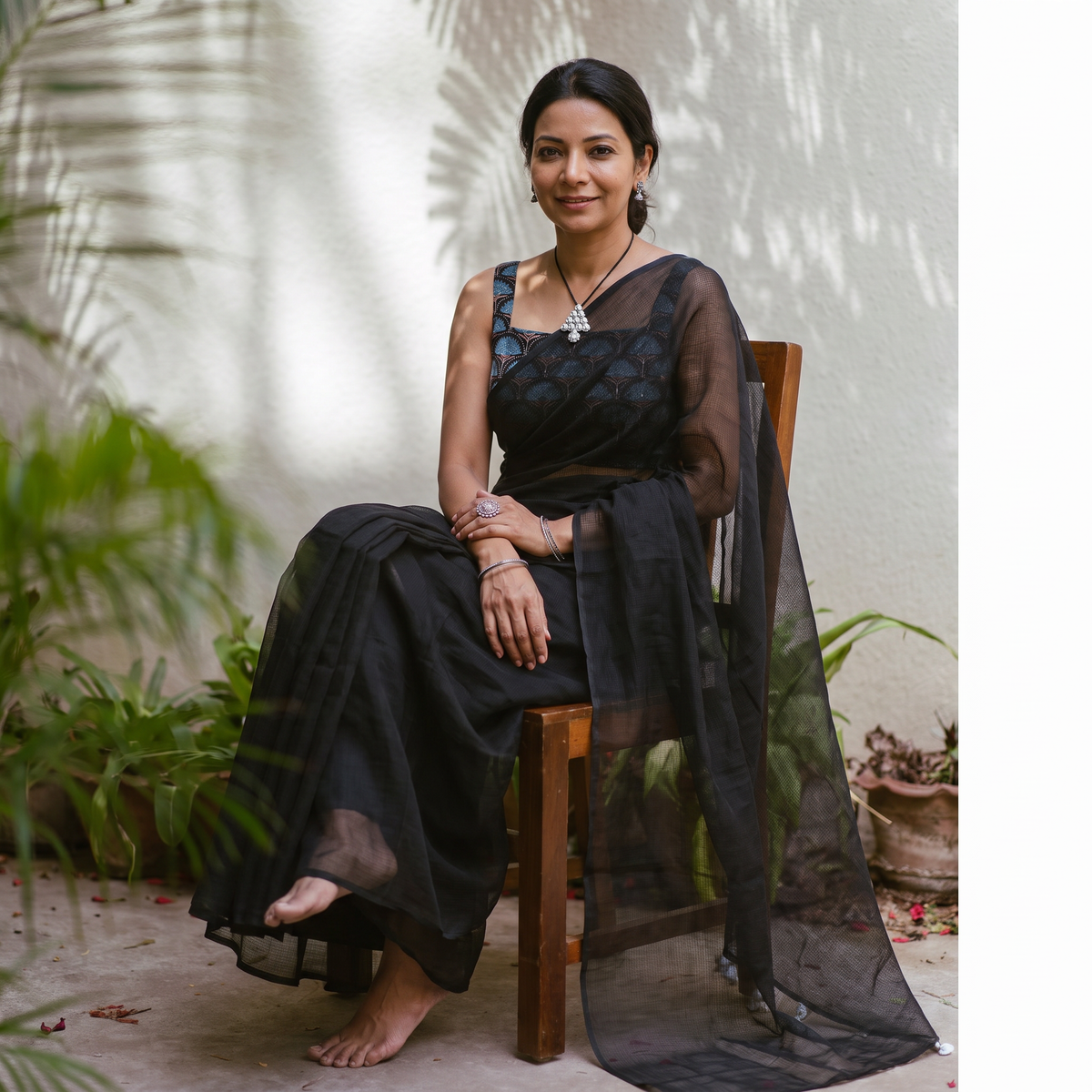 Black Nazaakat Kota Doria Cotton Plain Saree with Blouse & Jewellery Set, draped and worn by a woman, AI visual of the saree, iTokri