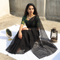 Black Nazaakat Kota Doria Cotton Plain Saree with Blouse & Jewellery Set, draped and worn by a woman, AI visual of the saree, iTokri