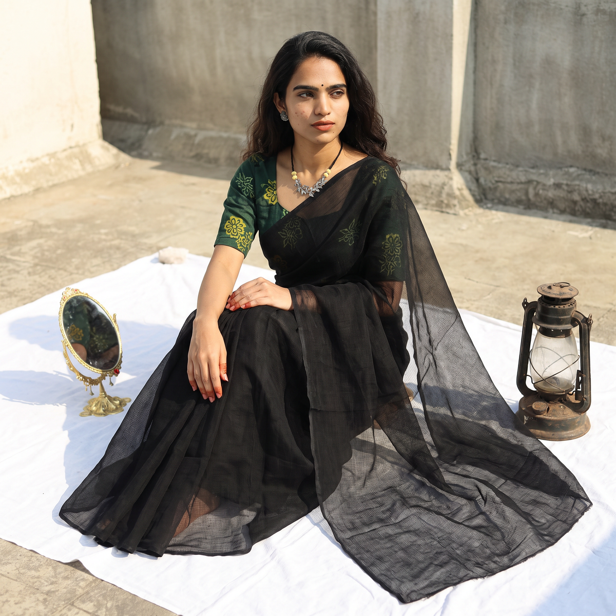 Black Nazaakat Kota Doria Cotton Plain Saree with Blouse & Jewellery Set, draped and worn by a woman, AI visual of the saree, iTokri