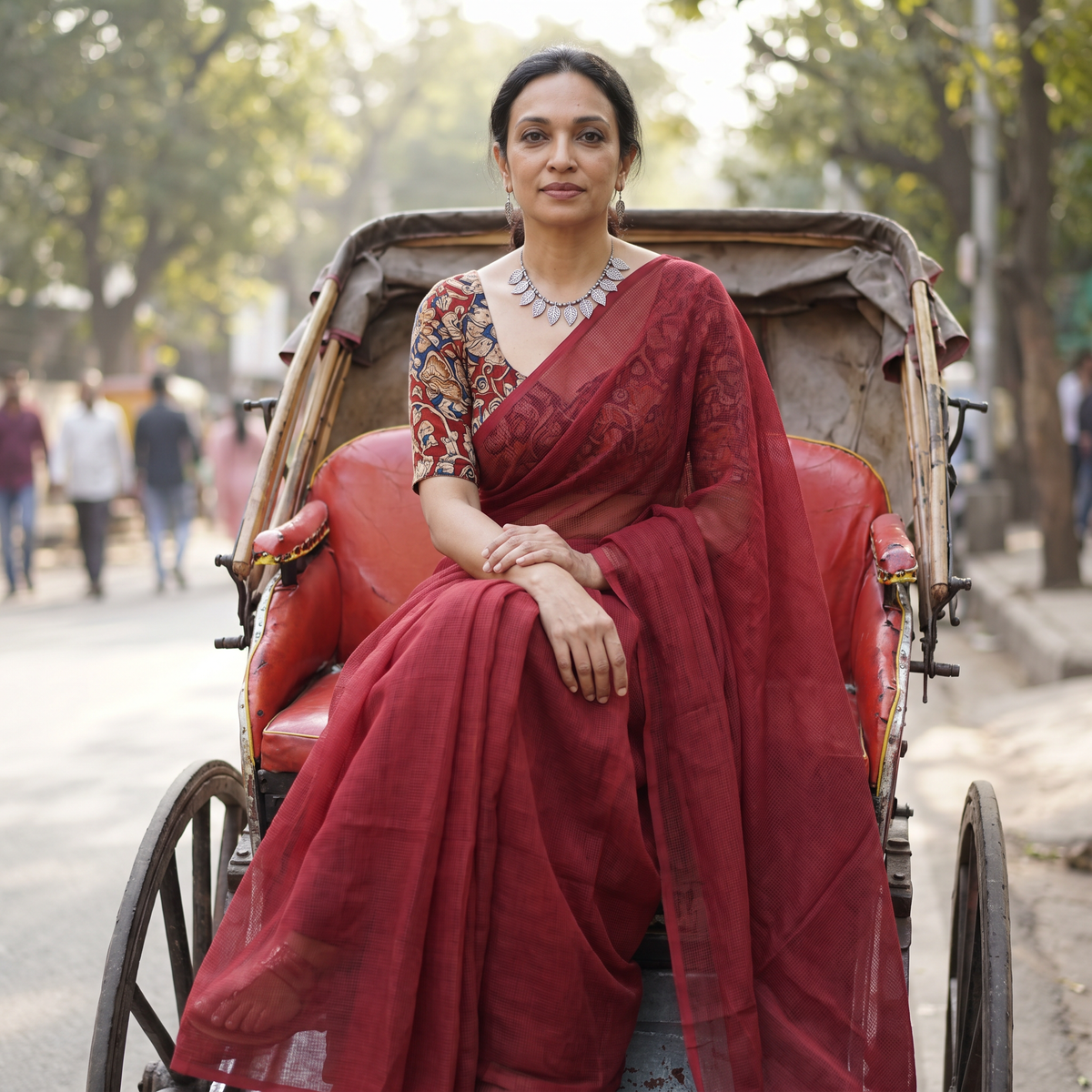 Red Nazaakat Kota Doria Cotton Plain Saree with Blouse & Jewellery Set, draped and worn by a woman, AI visual of the saree, iTokri