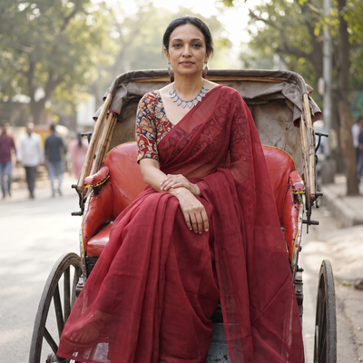 Red Nazaakat Kota Doria Cotton Plain Saree with Blouse & Jewellery Set, draped and worn by a woman, AI visual of the saree, iTokri