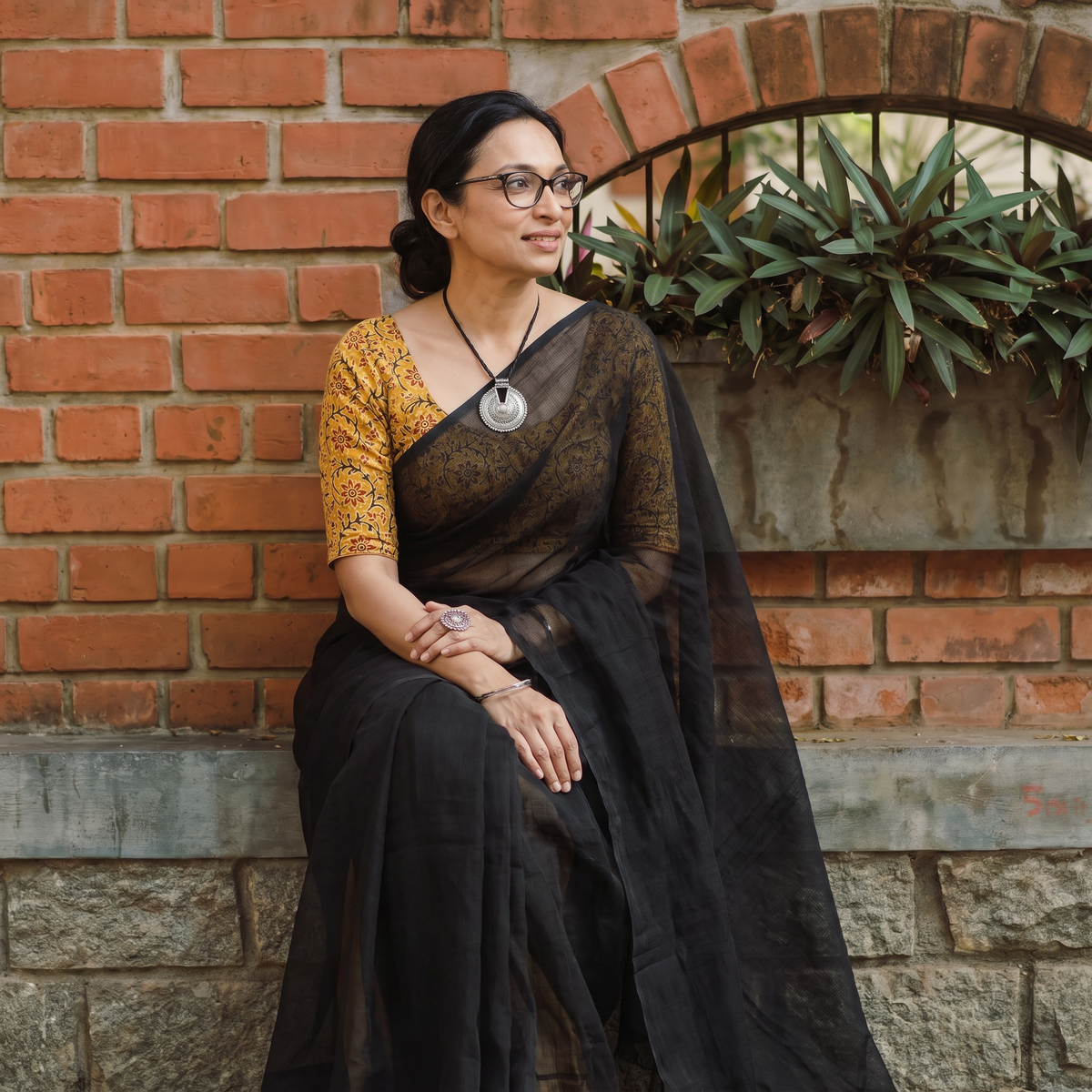 Black Nazaakat Kota Doria Cotton Plain Saree with Blouse & Jewellery Set, draped and worn by a woman, AI visual of the saree, iTokri