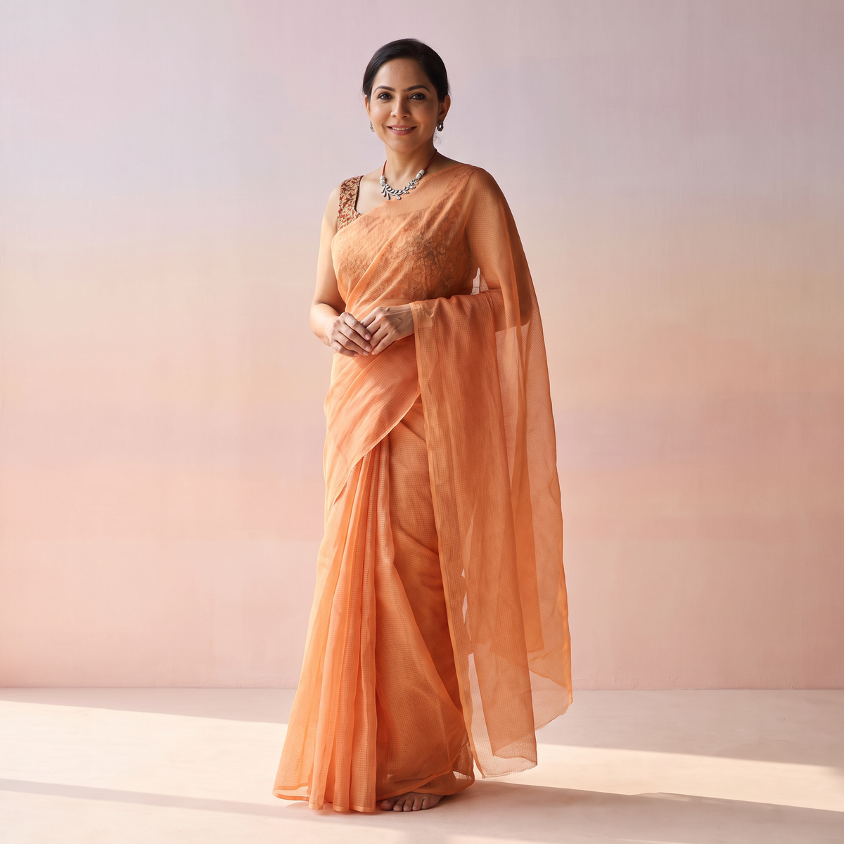 Peach Nazaakat Kota Doria Cotton Plain Saree with Blouse & Jewellery Set, draped and worn by a woman, AI visual of the saree, iTokri