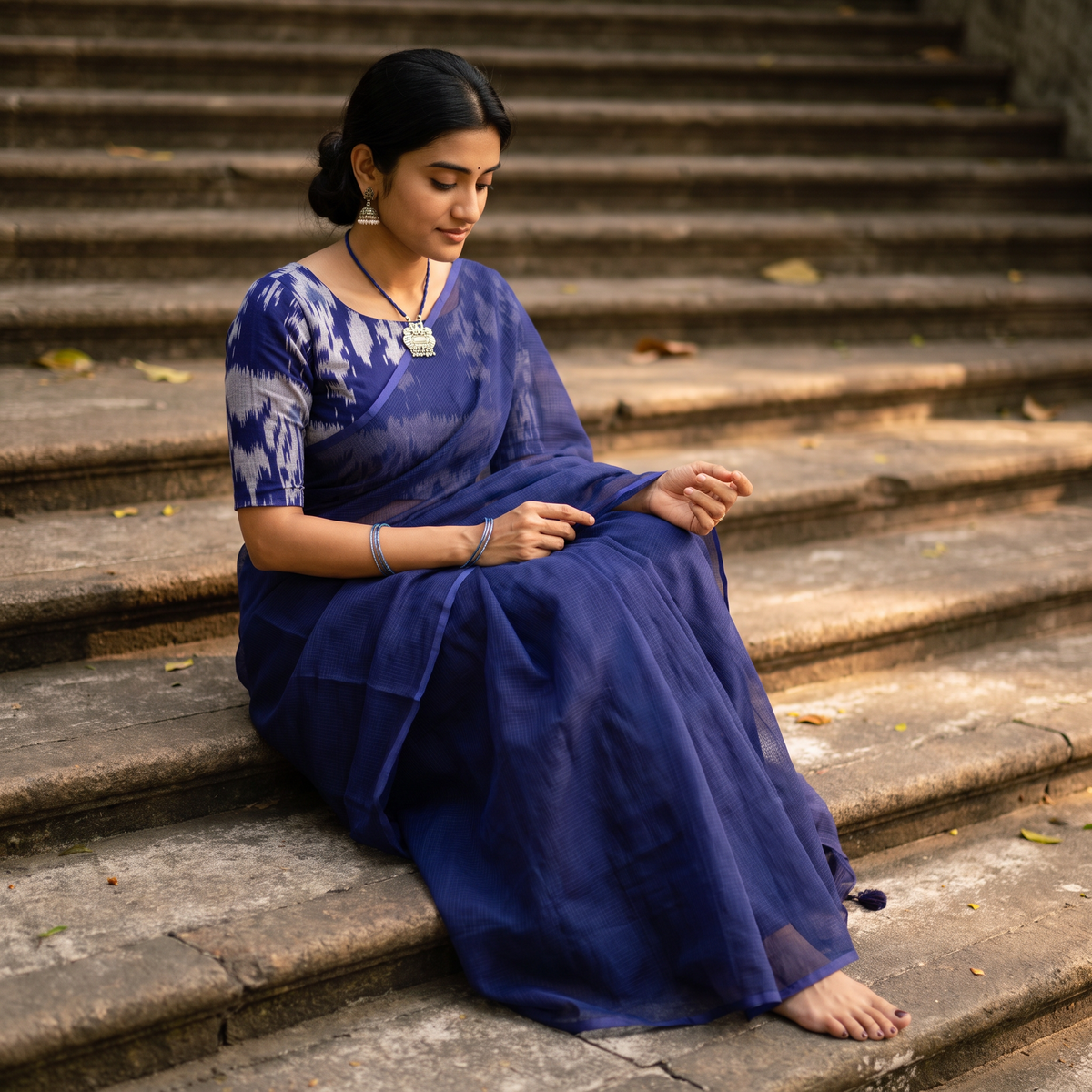 Blue Nazaakat Kota Doria Cotton Plain Saree with Blouse & Jewellery Set, draped and worn by a woman, AI visual of the saree, iTokri
