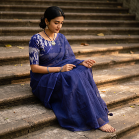 Blue Nazaakat Kota Doria Cotton Plain Saree with Blouse & Jewellery Set, draped and worn by a woman, AI visual of the saree, iTokri
