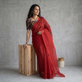 Red Nazaakat Kota Doria Cotton Plain Saree with Blouse & Jewellery Set, draped and worn by a woman, AI visual of the saree, iTokri