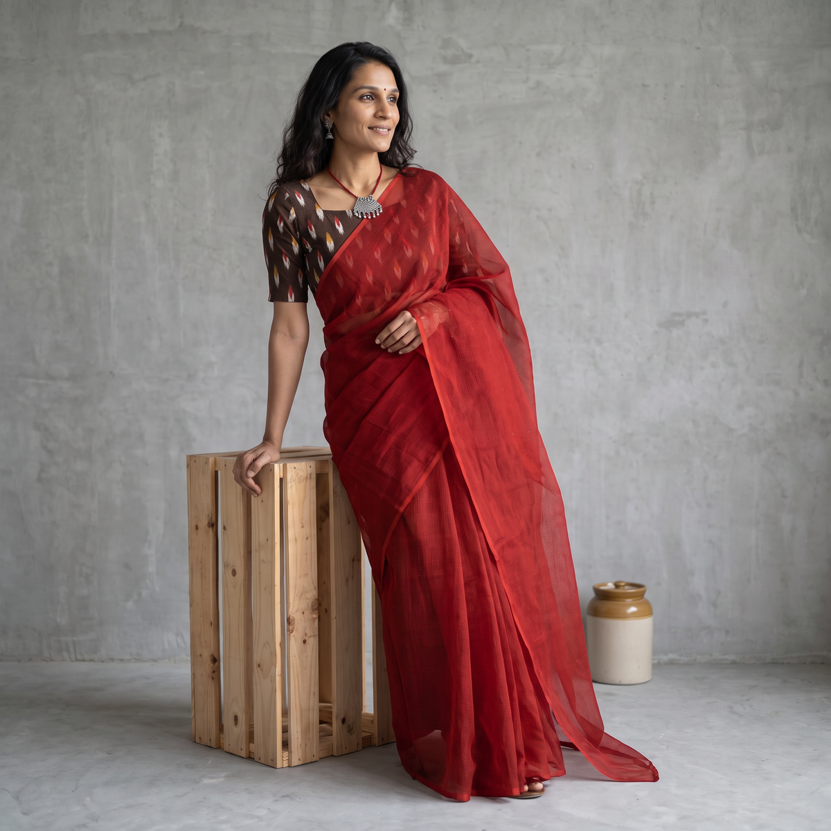 Red Nazaakat Kota Doria Cotton Plain Saree with Blouse & Jewellery Set, draped and worn by a woman, AI visual of the saree, iTokri
