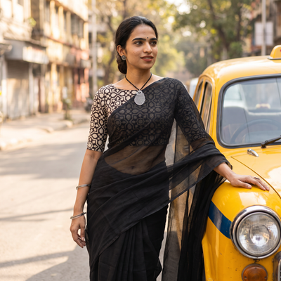 Black Nazaakat Kota Doria Cotton Plain Saree with Blouse & Jewellery Set, draped and worn by a woman, AI visual of the saree, iTokri