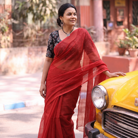 Red Nazaakat Kota Doria Cotton Plain Saree with Blouse & Jewellery Set, draped and worn by a woman, AI visual of the saree, iTokri