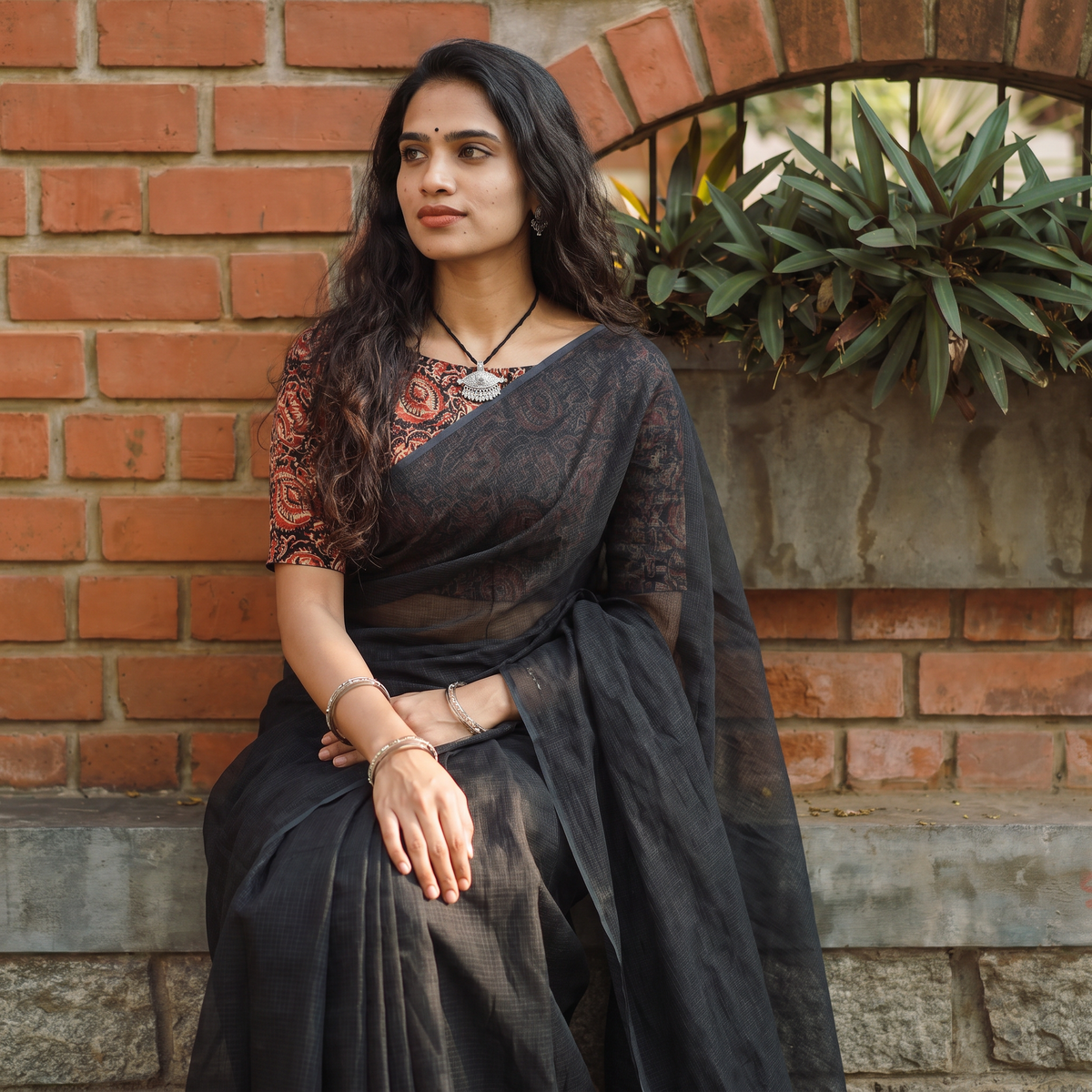 Grey Nazaakat Kota Doria Cotton Plain Saree with Blouse & Jewellery Set, draped and worn by a woman, AI visual of the saree, iTokri