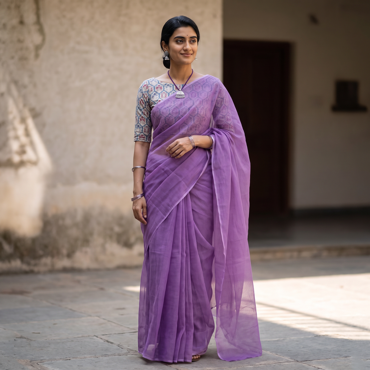 Purple Nazaakat Kota Doria Cotton Plain Saree with Blouse & Jewellery Set, draped and worn by a woman, AI visual of the saree, iTokri