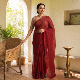 Red Nazaakat Kota Doria Cotton Plain Saree with Blouse & Jewellery Set, draped and worn by a woman, AI visual of the saree, iTokri