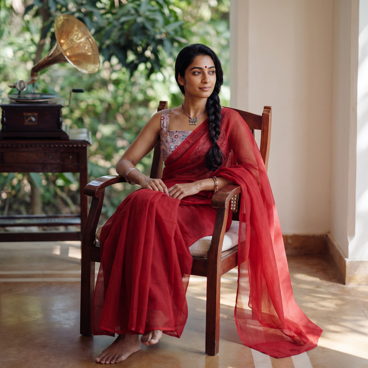 Red Nazaakat Kota Doria Cotton Plain Saree with Blouse & Jewellery Set, draped and worn by a woman, AI visual of the saree, iTokri