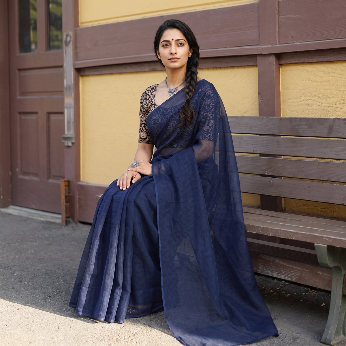 Blue Nazaakat Kota Doria Cotton Plain Saree with Blouse & Jewellery Set, draped and worn by a woman, AI visual of the saree, iTokri