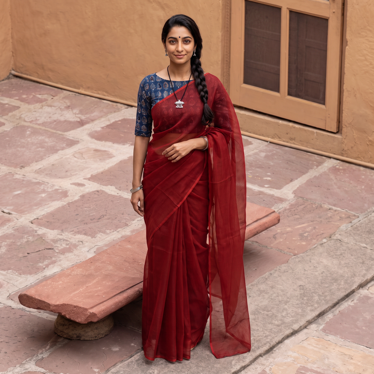 Red Nazaakat Kota Doria Cotton Plain Saree with Blouse & Jewellery Set, draped and worn by a woman, AI visual of the saree, iTokri