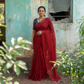 Red Nazaakat Kota Doria Cotton Plain Saree with Blouse & Jewellery Set, draped and worn by a woman, AI visual of the saree, iTokri