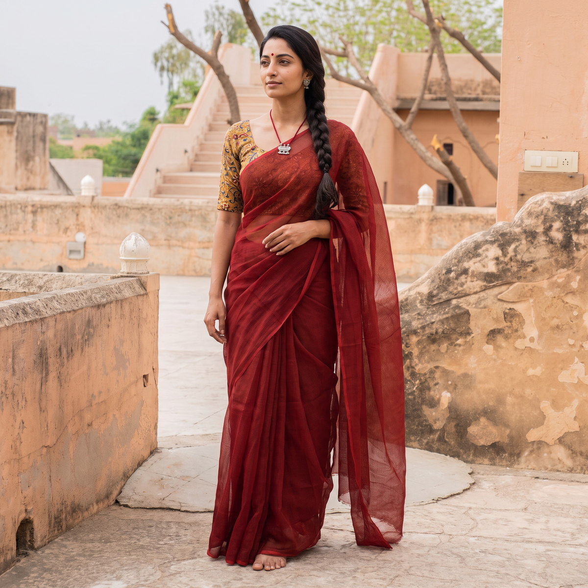 Red Nazaakat Kota Doria Cotton Plain Saree with Blouse & Jewellery Set, draped and worn by a woman, AI visual of the saree, iTokri