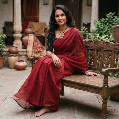 Red Nazaakat Kota Doria Cotton Plain Saree with Blouse & Jewellery Set, draped and worn by a woman, AI visual of the saree, iTokri