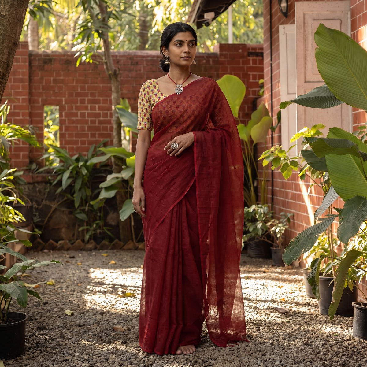 Red Nazaakat Kota Doria Cotton Plain Saree with Blouse & Jewellery Set, draped and worn by a woman, AI visual of the saree, iTokri