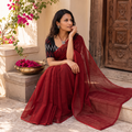 Red Nazaakat Kota Doria Cotton Plain Saree with Blouse & Jewellery Set, draped and worn by a woman, AI visual of the saree, iTokri