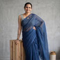 Blue Nazaakat Kota Doria Cotton Plain Saree with Blouse & Jewellery Set, draped and worn by a woman, AI visual of the saree, iTokri