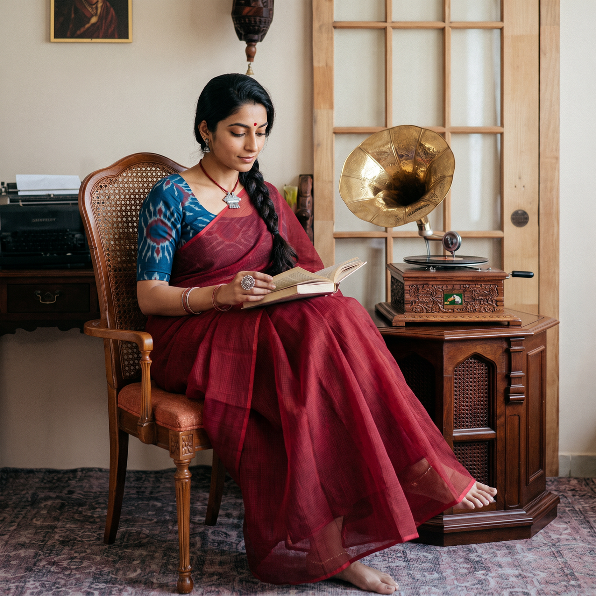 Red Nazaakat Kota Doria Cotton Plain Saree with Blouse & Jewellery Set, draped and worn by a woman, AI visual of the saree, iTokri
