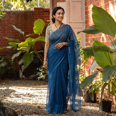 Blue Nazaakat Kota Doria Cotton Plain Saree with Blouse & Jewellery Set, draped and worn by a woman, AI visual of the saree, iTokri