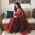 Red Nazaakat Kota Doria Cotton Plain Saree with Blouse & Jewellery Set, draped and worn by a woman, AI visual of the saree, iTokri