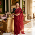 Red Nazaakat Kota Doria Cotton Plain Saree with Blouse & Jewellery Set, draped and worn by a woman, AI visual of the saree, iTokri