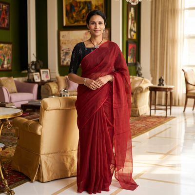 Red Nazaakat Kota Doria Cotton Plain Saree with Blouse & Jewellery Set, draped and worn by a woman, AI visual of the saree, iTokri