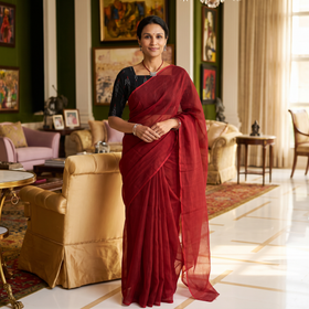 Red Nazaakat Kota Doria Cotton Plain Saree with Blouse & Jewellery Set, draped and worn by a woman, AI visual of the saree, iTokri