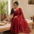 Red Nazaakat Kota Doria Cotton Plain Saree with Blouse & Jewellery Set, draped and worn by a woman, AI visual of the saree, iTokri