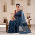 Blue Nazaakat Kota Doria Cotton Plain Saree with Blouse & Jewellery Set, draped and worn by a woman, AI visual of the saree, iTokri