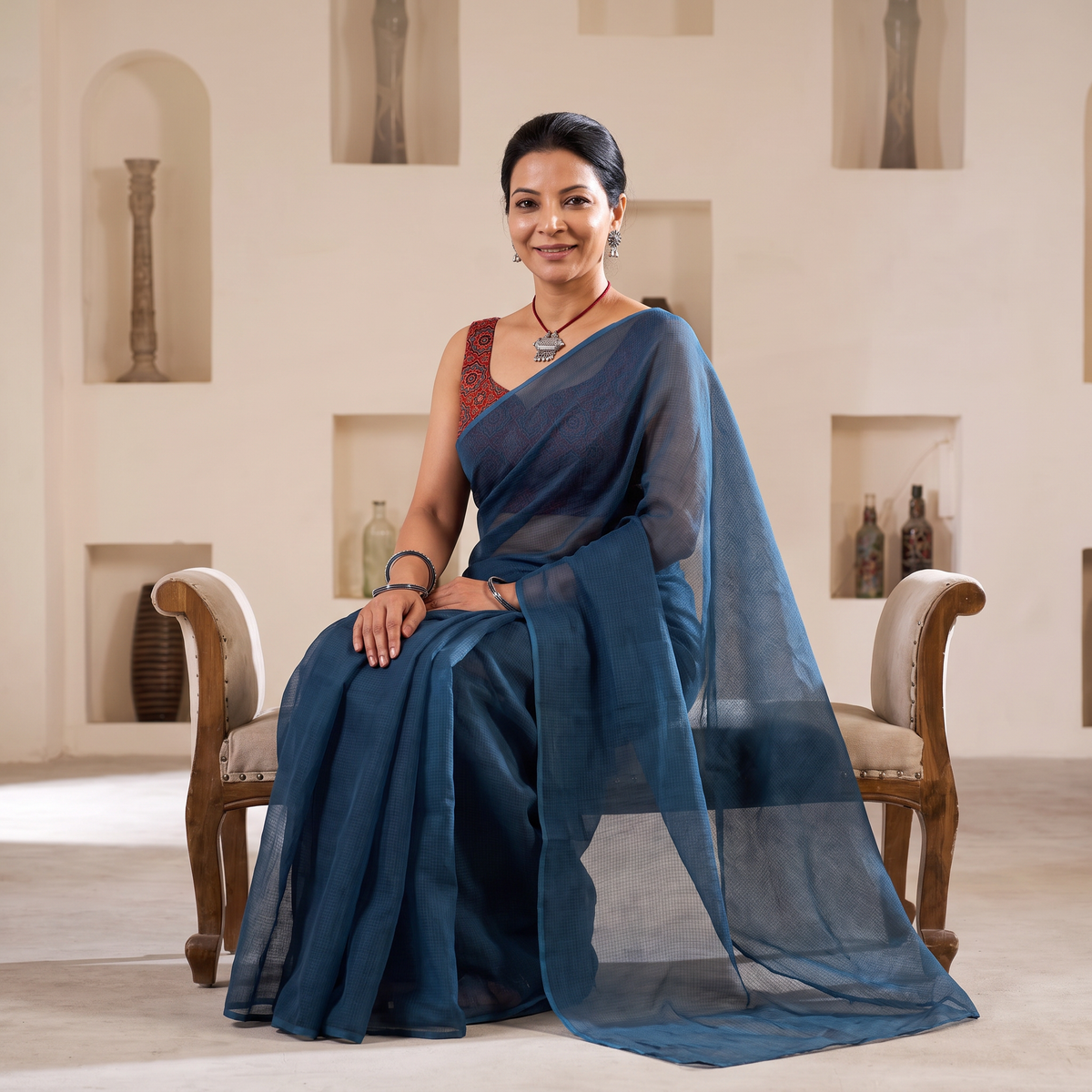 Blue Nazaakat Kota Doria Cotton Plain Saree with Blouse & Jewellery Set, draped and worn by a woman, AI visual of the saree, iTokri