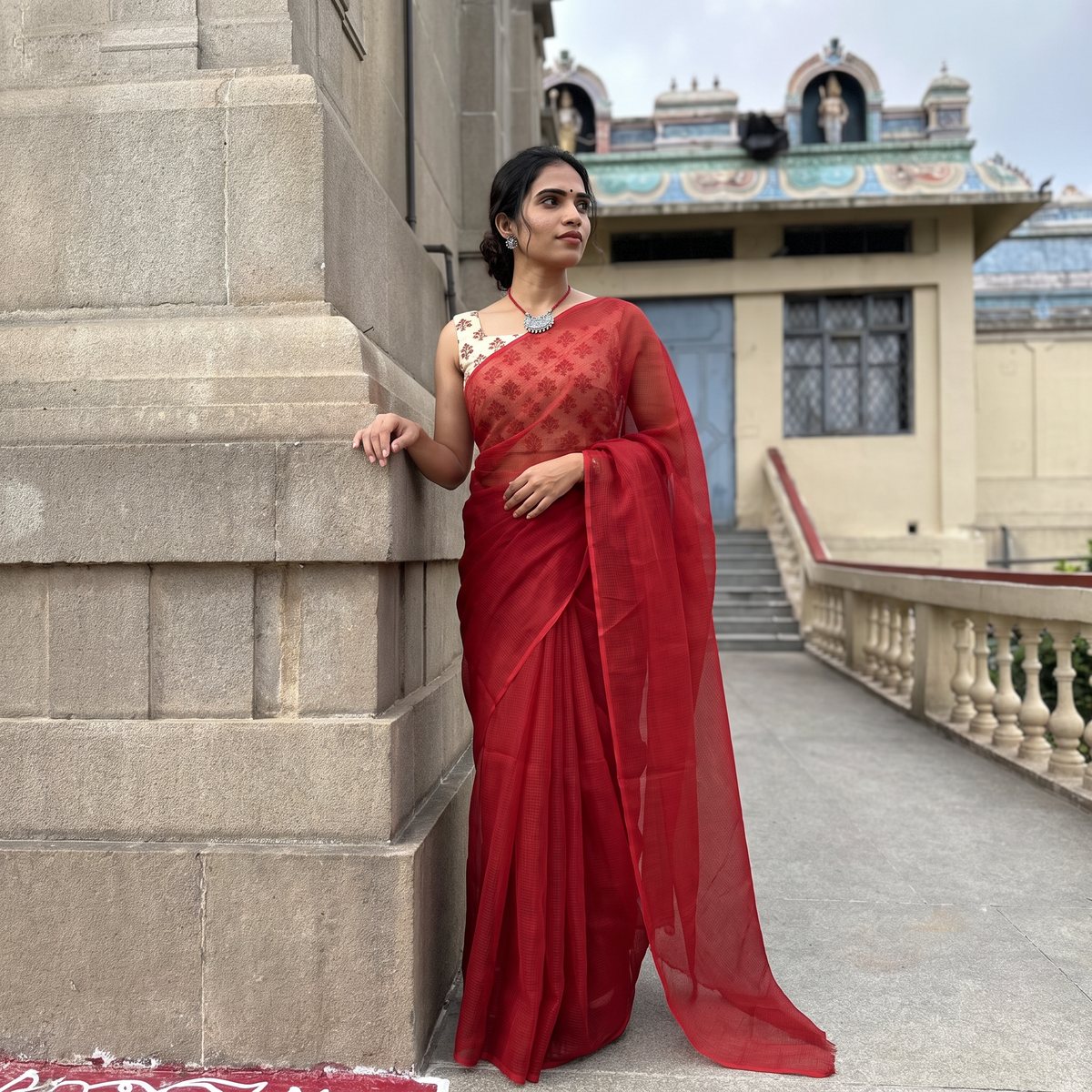 Red Nazaakat Kota Doria Cotton Plain Saree with Blouse & Jewellery Set, draped and worn by a woman, AI visual of the saree, iTokri