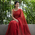 Red Nazaakat Kota Doria Cotton Plain Saree with Blouse & Jewellery Set, draped and worn by a woman, AI visual of the saree, iTokri