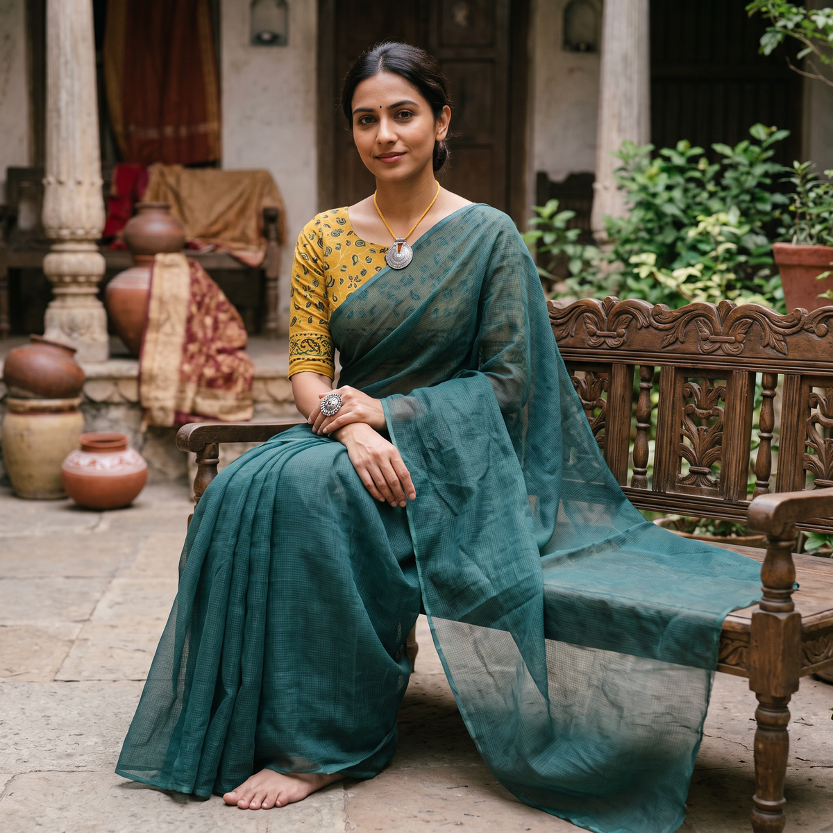 Green Nazaakat Kota Doria Cotton Plain Saree with Blouse & Jewellery Set, draped and worn by a woman, AI visual of the saree, iTokri