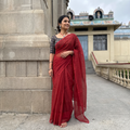 Red Nazaakat Kota Doria Cotton Plain Saree with Blouse & Jewellery Set, draped and worn by a woman, AI visual of the saree, iTokri