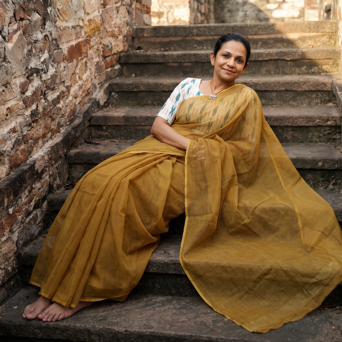 Yellow Nazaakat Kota Doria Cotton Plain Saree with Blouse & Jewellery Set, draped and worn by a woman, AI visual of the saree, iTokri