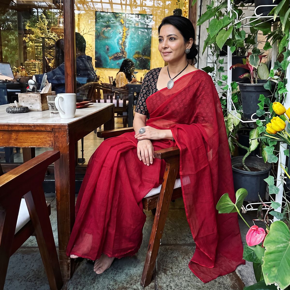 Red Nazaakat Kota Doria Cotton Plain Saree with Blouse & Jewellery Set, draped and worn by a woman, AI visual of the saree, iTokri