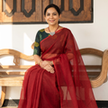 Red Nazaakat Kota Doria Cotton Plain Saree with Blouse & Jewellery Set, draped and worn by a woman, AI visual of the saree, iTokri