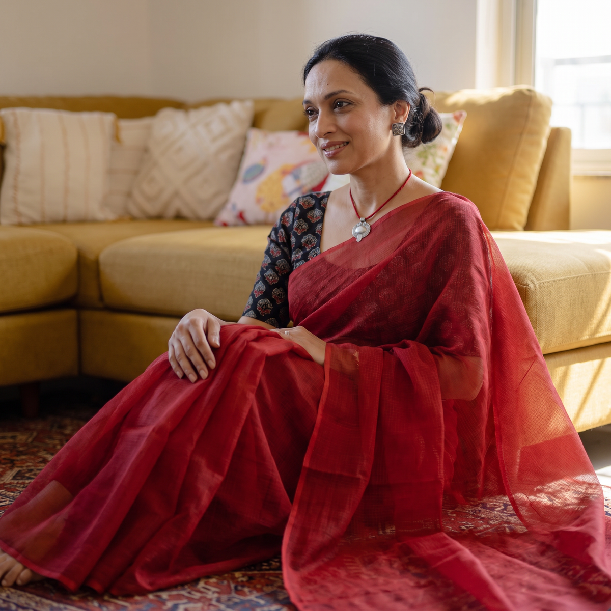 Red Nazaakat Kota Doria Cotton Plain Saree with Blouse & Jewellery Set, draped and worn by a woman, AI visual of the saree, iTokri