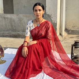 Red Nazaakat Kota Doria Cotton Plain Saree with Blouse & Jewellery Set, draped and worn by a woman, AI visual of the saree, iTokri