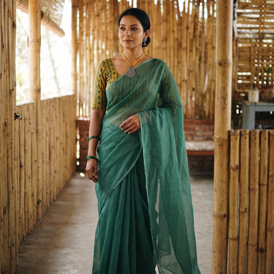 Green Nazaakat Kota Doria Cotton Plain Saree with Blouse & Jewellery Set, draped and worn by a woman, AI visual of the saree, iTokri