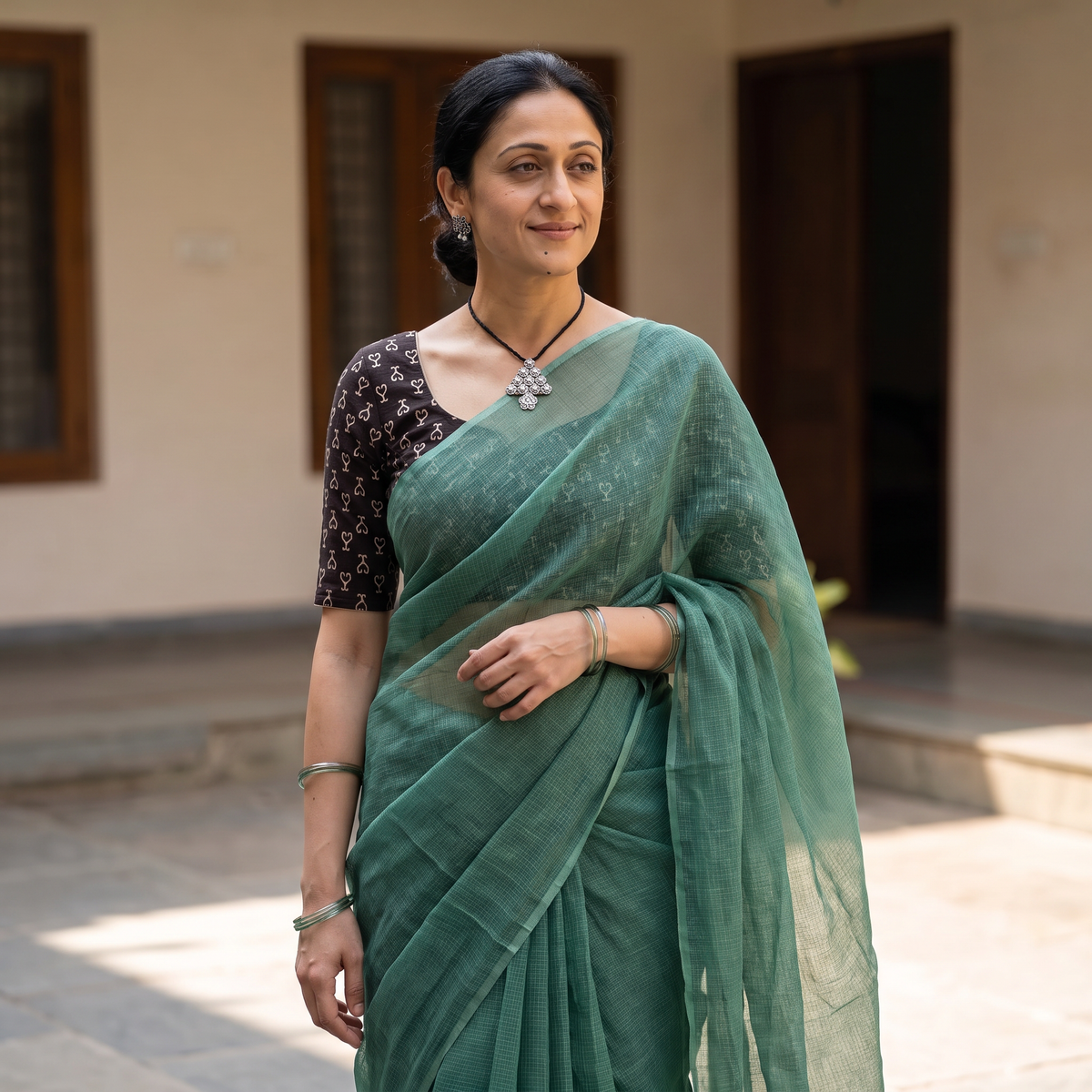 Green Nazaakat Kota Doria Cotton Plain Saree with Blouse & Jewellery Set, draped and worn by a woman, AI visual of the saree, iTokri